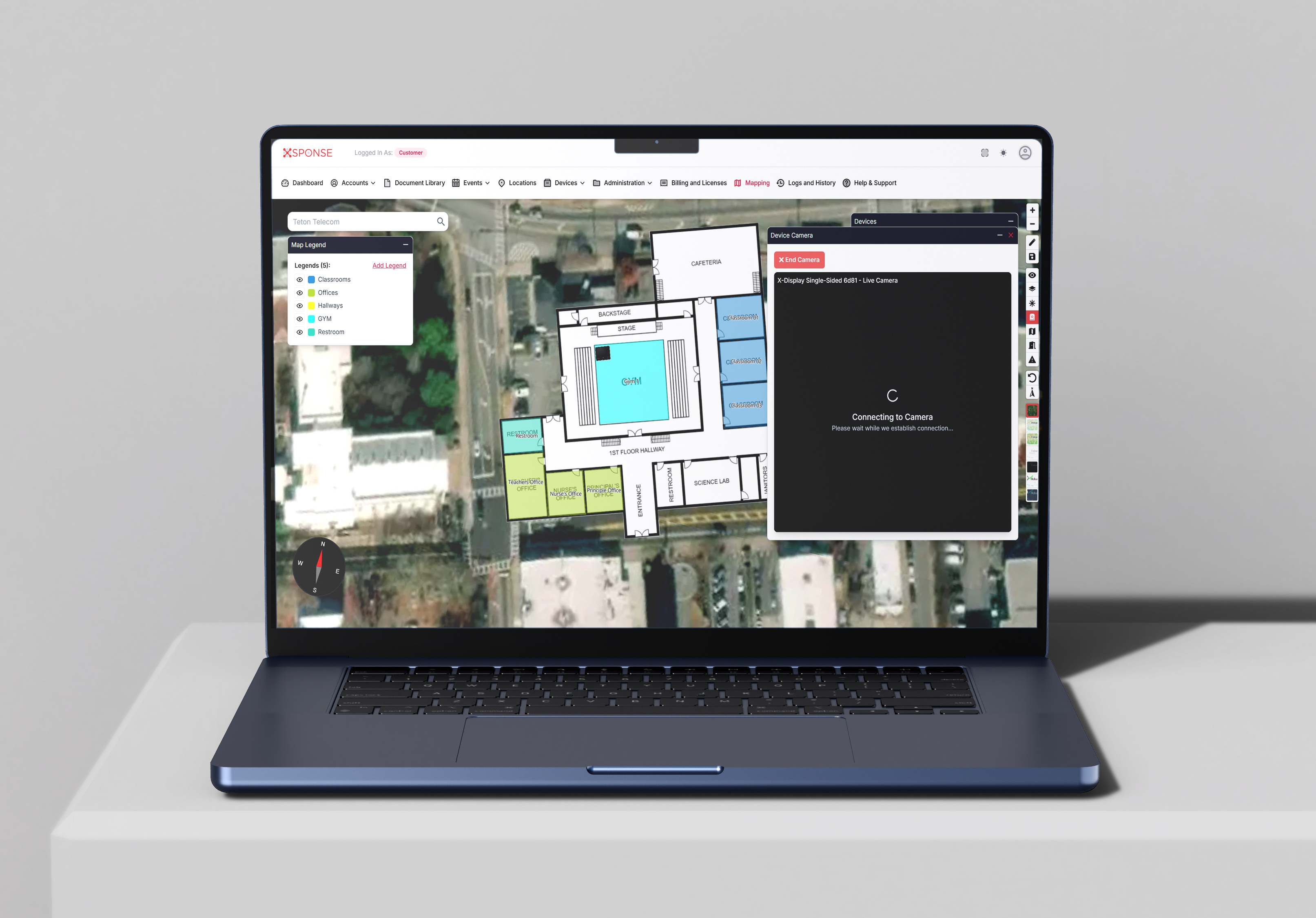 Map-to-video platform showing interactive campus map with live camera feed integration